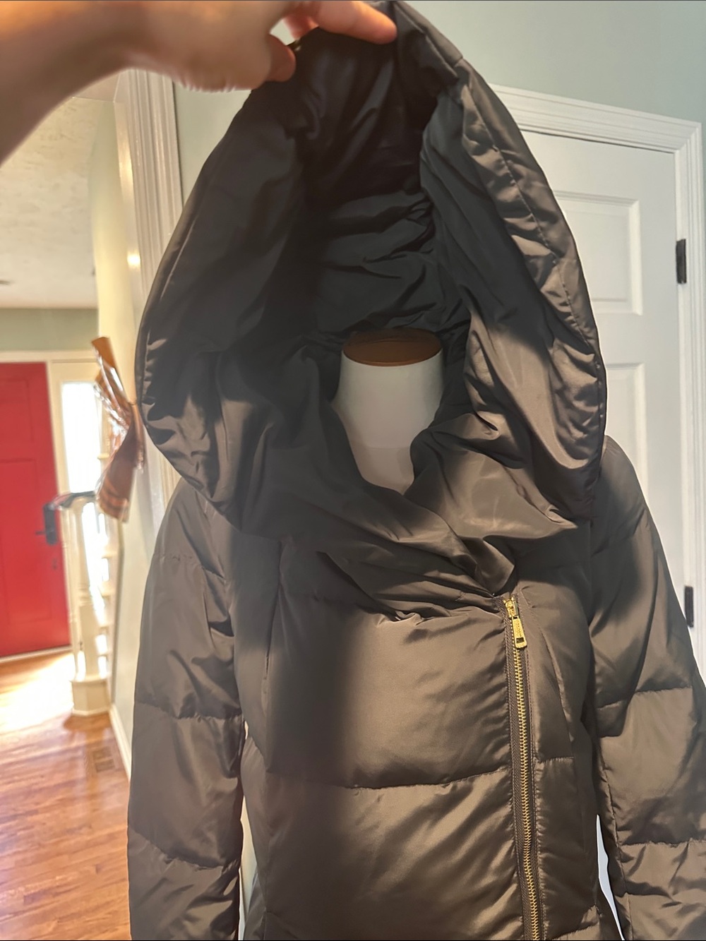 Like New! Cole Haan Signature Long Puffer Coat Hood - Gray-Green Sz Medium - Picture 2 of 10